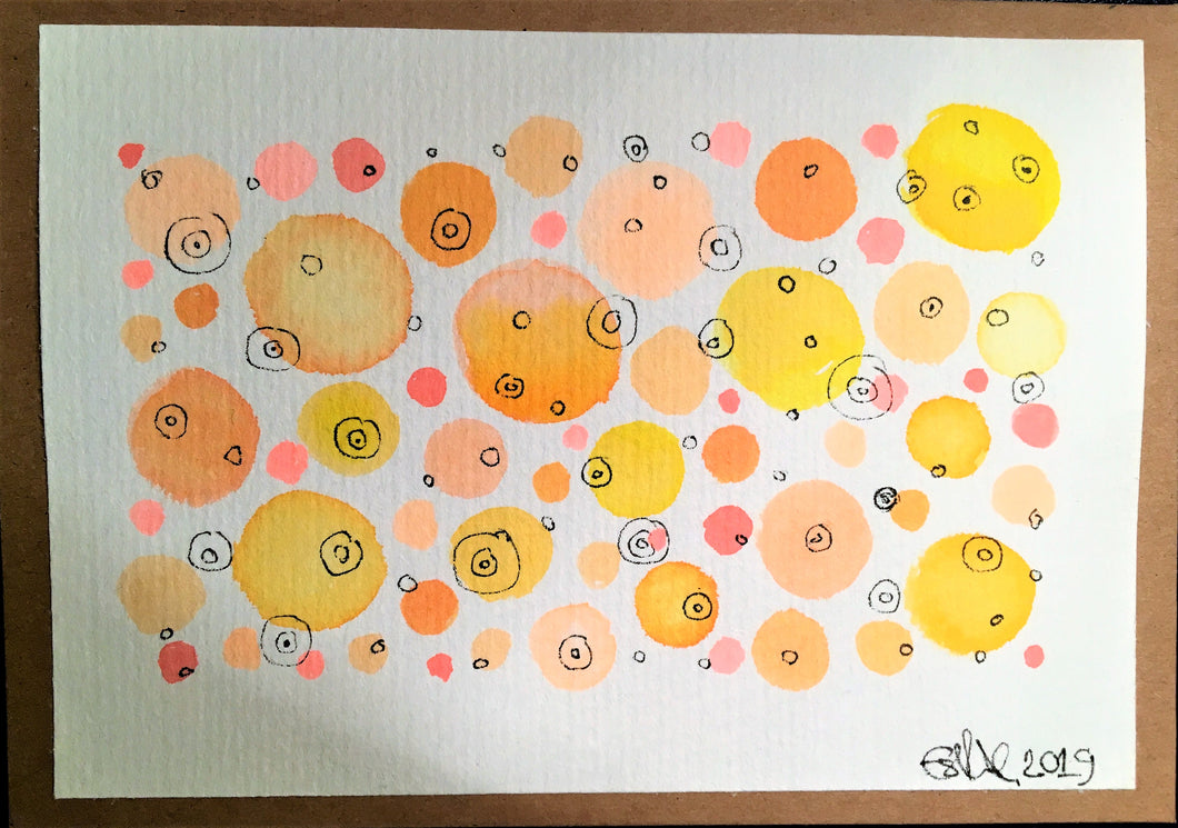 Handpainted Watercolour Greeting Card - Abstract Ink Circle Design - Orange/Yellow/Pink - eDgE dEsiGn London