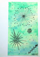 Handpainted Watercolour Greeting Card - Green/Blue with Stars and Circles Design - eDgE dEsiGn London