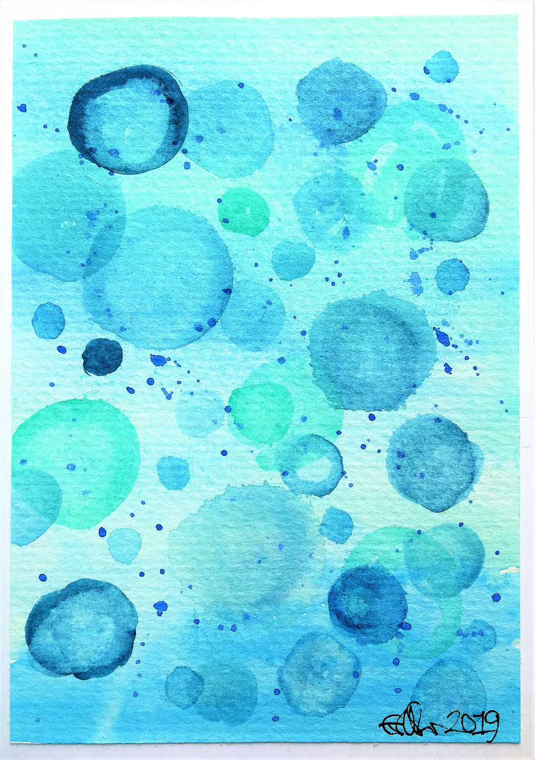 Handpainted Watercolour Greeting Card - Green/Blue with Splatter and Circles Design - eDgE dEsiGn London