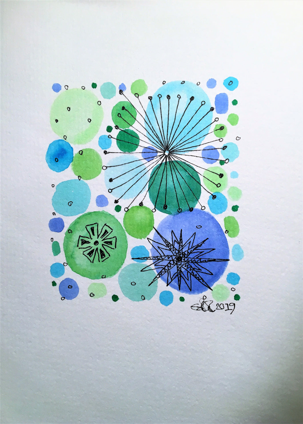 Handpainted Watercolour Greeting Card - Blue/Green with Circle/Star Design - eDgE dEsiGn London