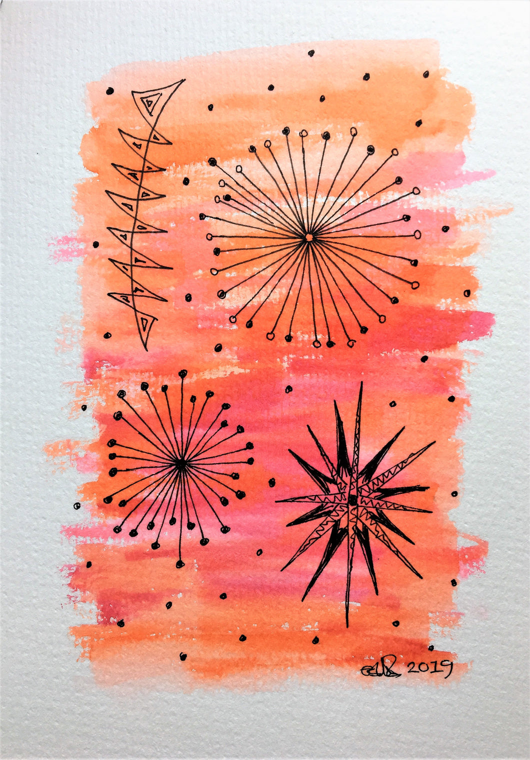 Handpainted Watercolour Greeting Card - Abstract Red/Orange/Pink with Circle/Star Design - eDgE dEsiGn London