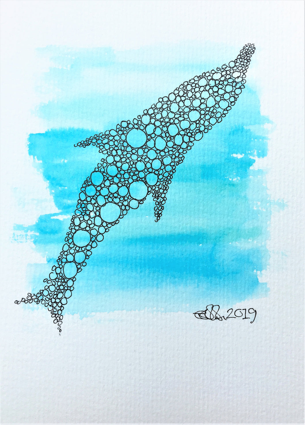 Handpainted Watercolour Greeting Card - Blue abstract circle dolphin design - eDgE dEsiGn London