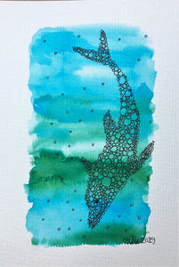 Handpainted Watercolour Greeting Card - Blue/Green abstract circle dolphin design - eDgE dEsiGn London