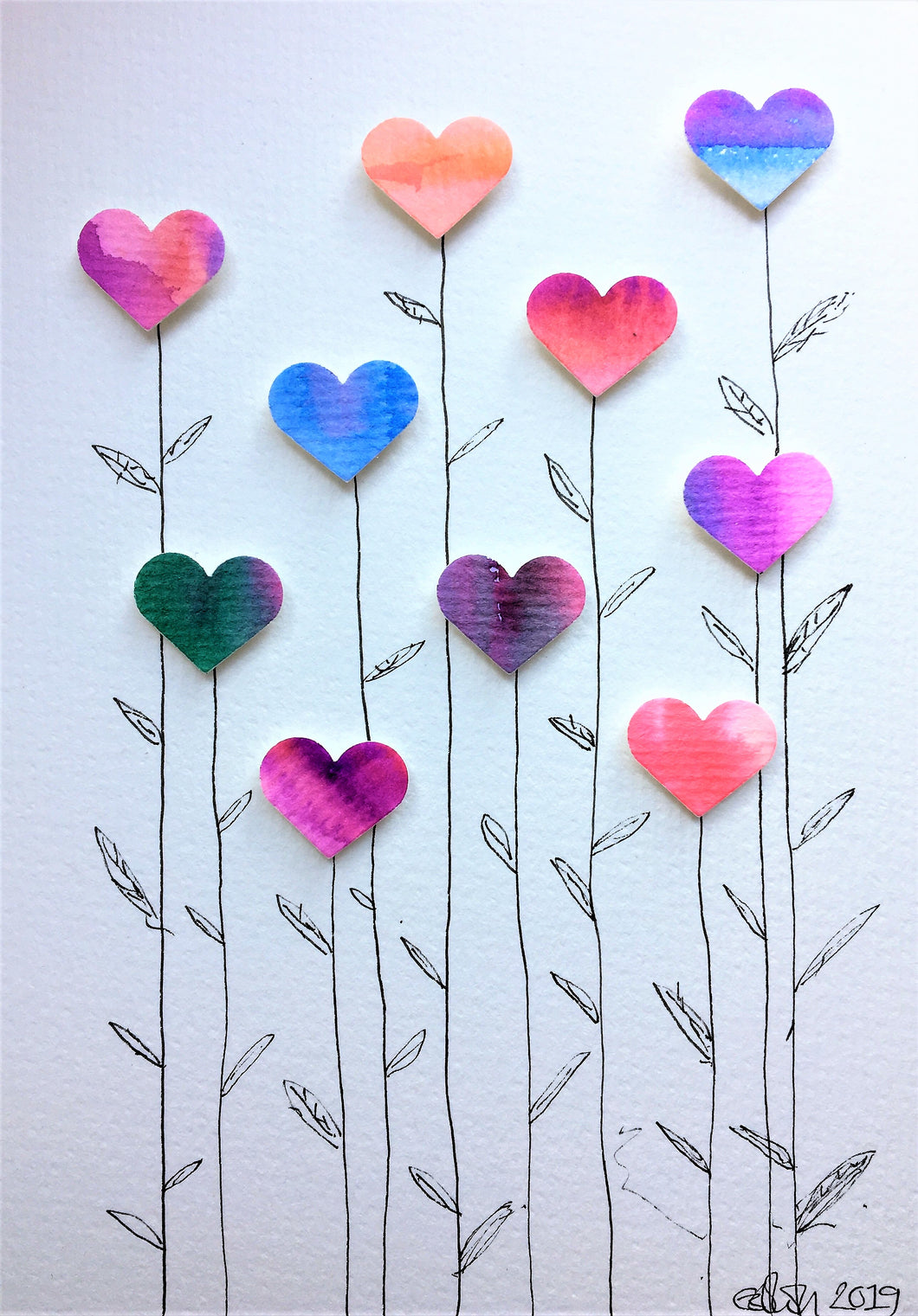 Handpainted Watercolour Greeting Card - Multicoloured Heart Flowers with Leaf Design - eDgE dEsiGn London