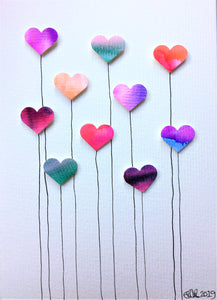 Handpainted Watercolour Greeting Card - Multicoloured Heart Flower with Stem Design - eDgE dEsiGn London