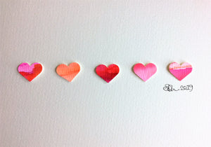 Handpainted Watercolour Greeting Card - Pink/Red/Orange Hearts in a row design - eDgE dEsiGn London