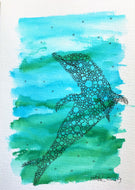 Handpainted Watercolour Greeting Card - Blue/Green with abstract circle dolphin design - eDgE dEsiGn London