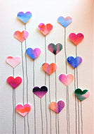 Handpainted Watercolour Greeting Card - Multicoloured Heart Flowers with Stem Design - eDgE dEsiGn London