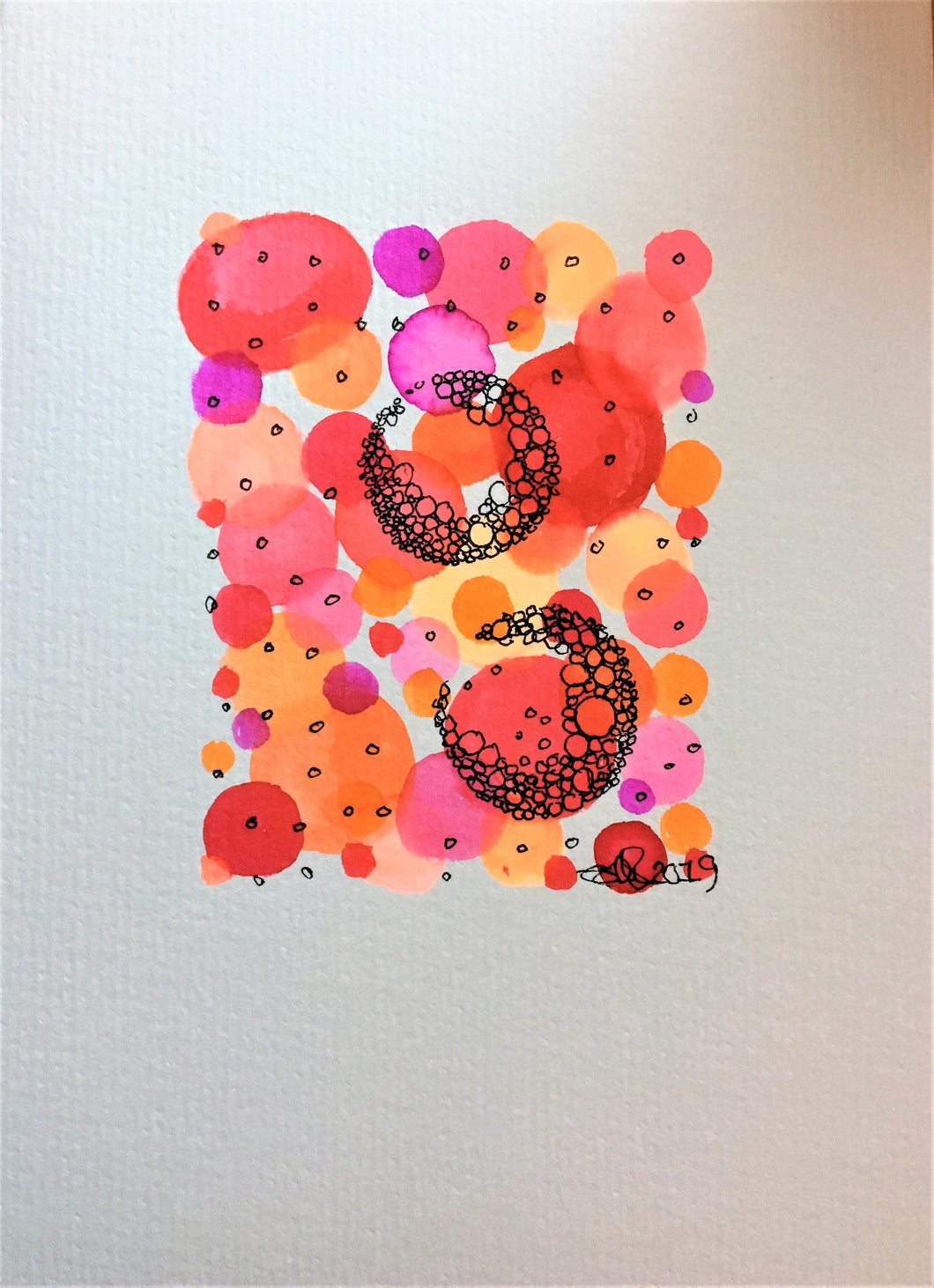 Handpainted Watercolour Greeting Card - Red/Pink/Orange Circles with Circle Design - eDgE dEsiGn London