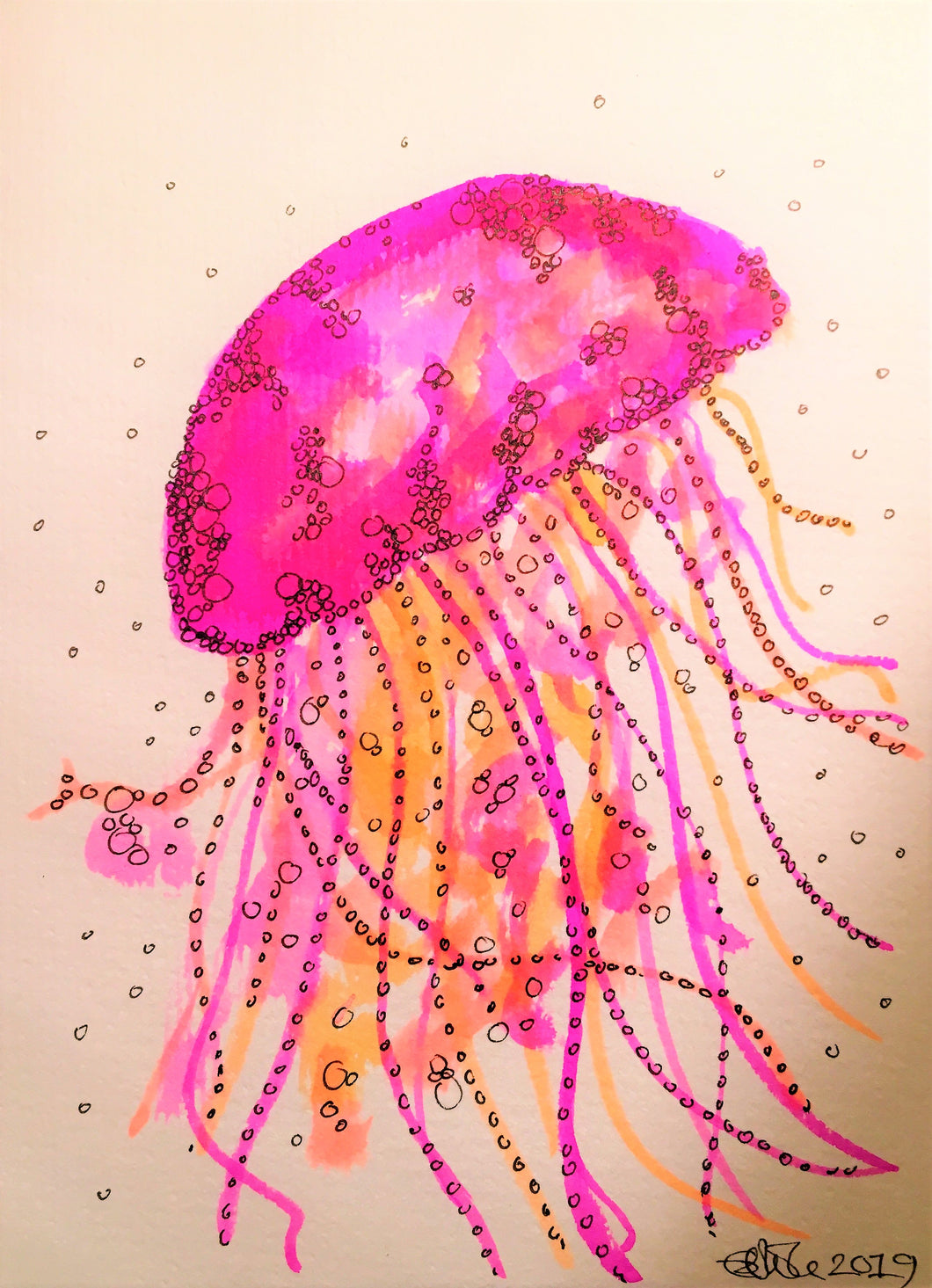 Handpainted Watercolour Greeting Card - Pink/Orange Jellyfish - eDgE dEsiGn London