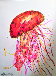 Handpainted Watercolour Greeting Card - Red/Yellow/Orange Jellyfish - eDgE dEsiGn London