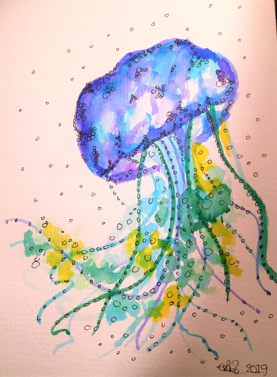 Handpainted Watercolour Greeting Card - Blue/Green/Yellow Jellyfish ...