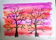 Handpainted Watercolour Greeting Card - Winter Trees at Sunset - eDgE dEsiGn London