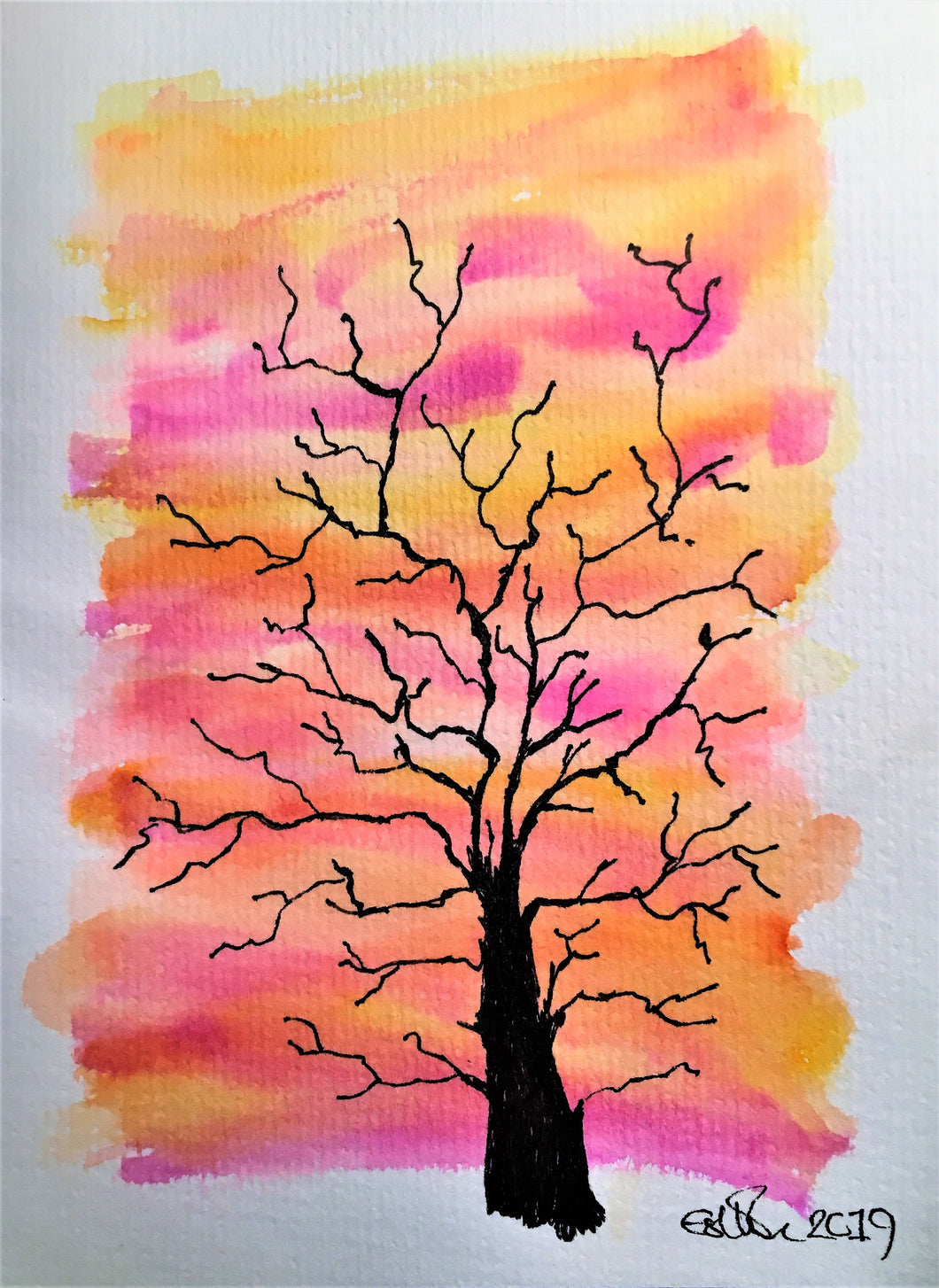 Handpainted Watercolour Greeting Card - Winter Tree at Sunset Pink/Orange - eDgE dEsiGn London