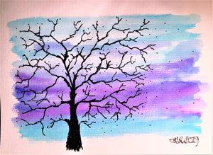 Handpainted Watercolour Greeting Card - Winter Tree Blue/Lilac Sky - eDgE dEsiGn London