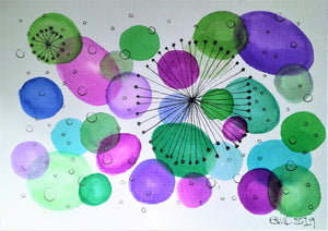 Handpainted Watercolour Greeting Card - Abstract Green/Purple Star/Circle Design - eDgE dEsiGn London
