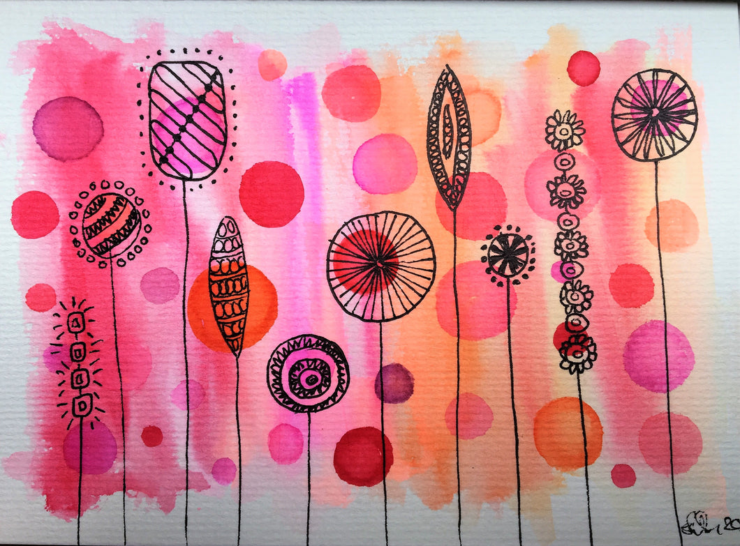 Handpainted Watercolour Greeting Card - Abstract Flowers Pink/Orange with circle design - eDgE dEsiGn London