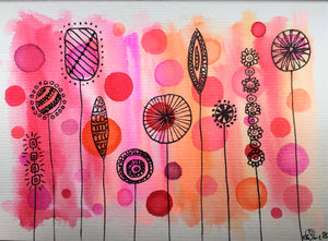 Handpainted Watercolour Greeting Card - Abstract Flowers Pink/Orange with circle design - eDgE dEsiGn London