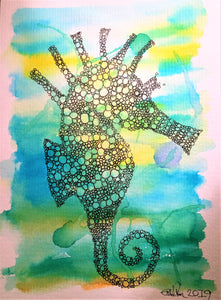 Handpainted Watercolour Greeting Card - Yellow/Green/Blue Seahorse Design - eDgE dEsiGn London