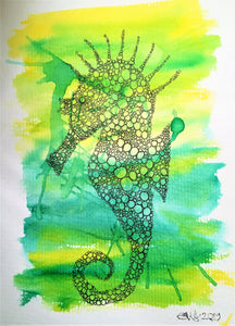 Handpainted Watercolour Greeting Card - Yellow/Green abstract Seahorse Design - eDgE dEsiGn London