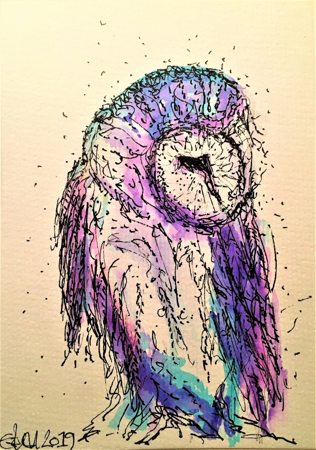 Handpainted Watercolour Greeting Card - Purple/Blue Owl - eDgE dEsiGn London