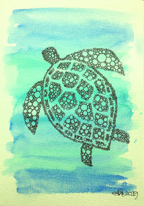 Handpainted Watercolour Greeting Card - Blue/Green with abstract circle Turtle design - eDgE dEsiGn London