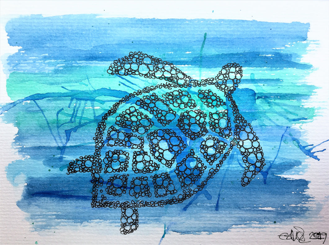 Handpainted Watercolour Greeting Card - Blue/Green Splatter Turtle design - eDgE dEsiGn London