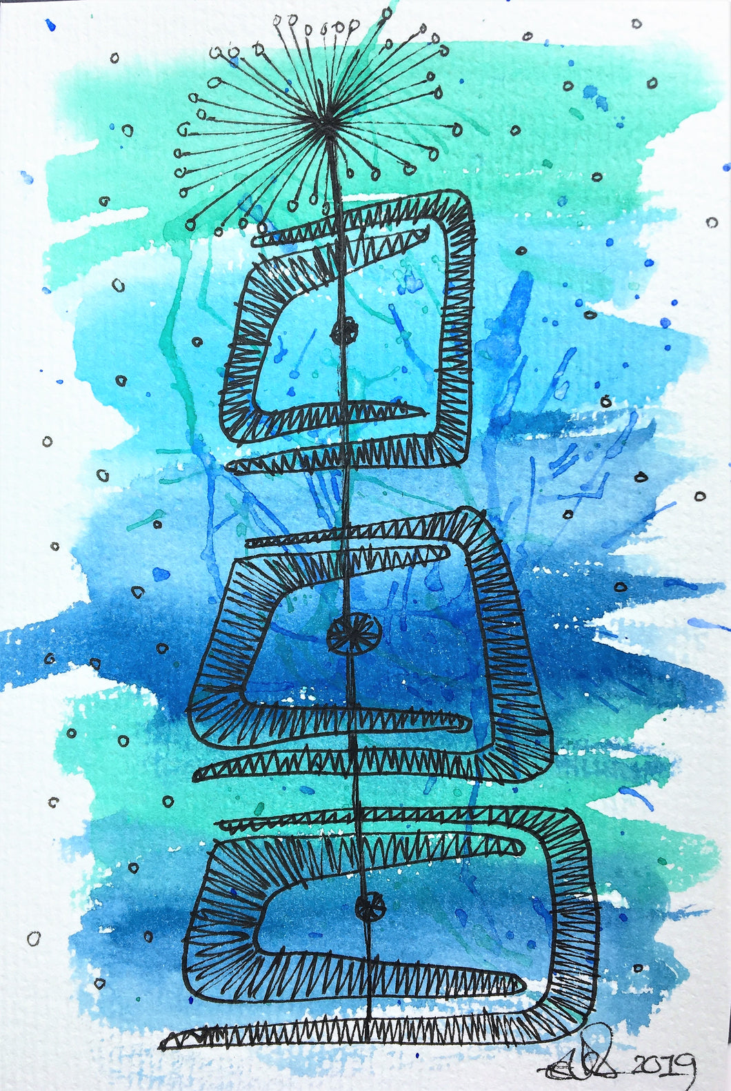 Handpainted Watercolour Greeting Card - Abstract Blue/Green Retro Design - eDgE dEsiGn London