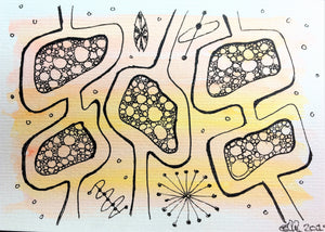 Handpainted Watercolour Greeting Card - Abstract Yellow/Pink Retro Design - eDgE dEsiGn London