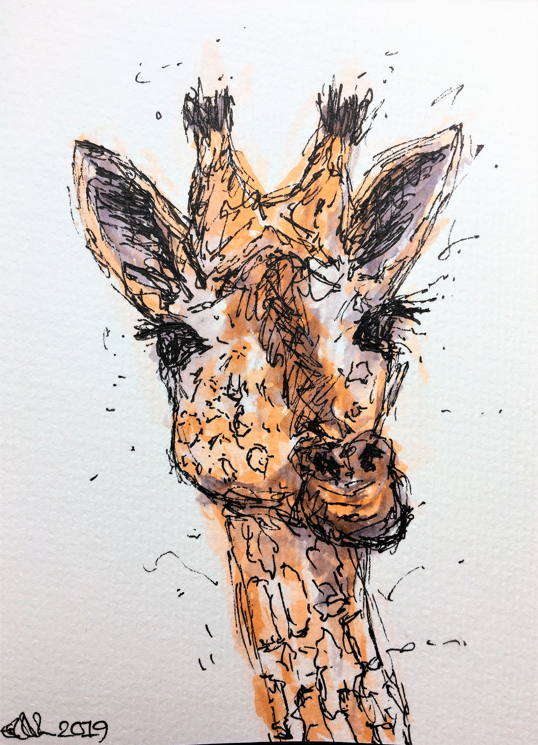 Handpainted Watercolour Greeting Card - Giraffe Brown/Orange/Grey - eDgE dEsiGn London