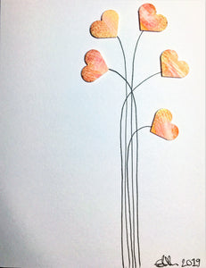 Handpainted Greeting Card - Pink/Orange/Yellow/Bronze Heart Flowers - eDgE dEsiGn London