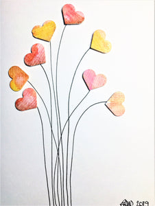Handpainted Greeting Card - Pink/Orange/Yellow/Bronze Heart Flowers #2 - eDgE dEsiGn London
