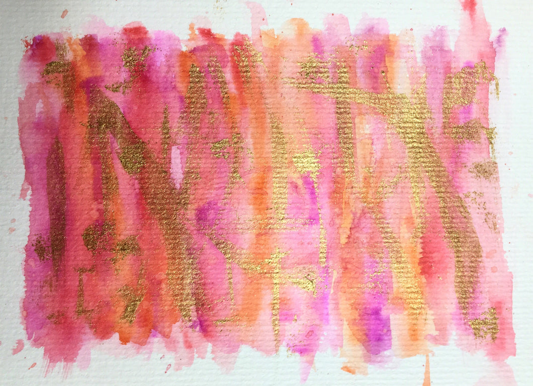 Handpainted Greeting Card - Abstract Pink/Orange/Red/Gold Watercolour - eDgE dEsiGn London