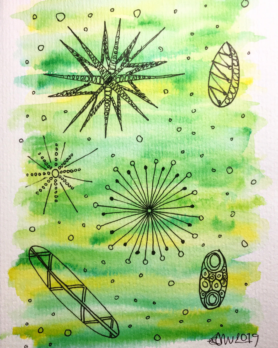Hand-painted Greeting Card - Abstract Retro Design on Green/Yellow Watercolour - eDgE dEsiGn London