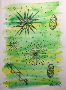 Hand-painted Greeting Card - Abstract Retro Design on Green/Yellow Watercolour - eDgE dEsiGn London