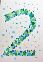 Hand-painted greeting card - 2nd Birthday - Green and blue bubbles - eDgE dEsiGn London