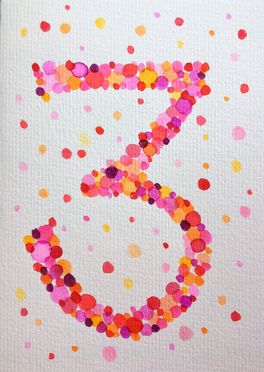 Hand-painted greeting card - 3rd Birthday - Pink, red, orange and purple bubbles - eDgE dEsiGn London