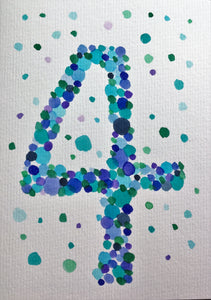 Hand-painted greeting card - 4th Birthday - Blue, green, purple bubbles - eDgE dEsiGn London