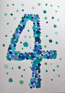 Hand-painted greeting card - 4th Birthday - Blue, green, purple bubbles - eDgE dEsiGn London