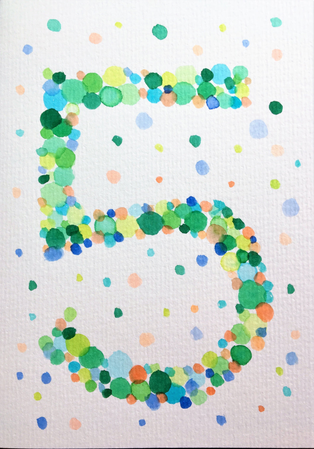 Hand-painted greeting card - 5th Birthday - Green, orange, yellow, turquoise bubbles - eDgE dEsiGn London