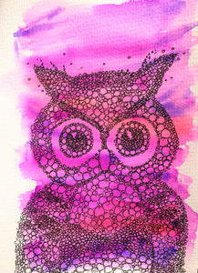 Hand-painted Watercolour Greeting Card - Original Abstract Owl Design - Pink & Purple - eDgE dEsiGn London