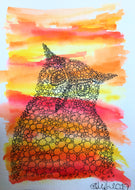 Hand-painted Watercolour Greeting Card - Original Abstract Owl Design - Orange, Red, Yellow - eDgE dEsiGn London