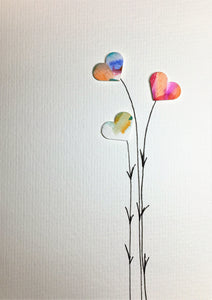 Hand-painted greeting card - Three multicoloured heart flowers design - eDgE dEsiGn London