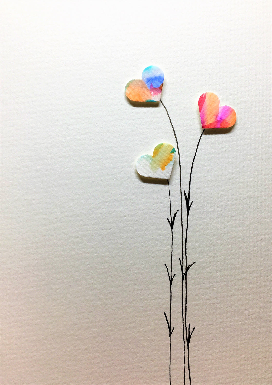Hand-painted greeting card - Three multicoloured heart flowers design - eDgE dEsiGn London