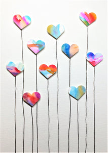 Hand-painted greeting card - Ten multicoloured heart flower design - eDgE dEsiGn London