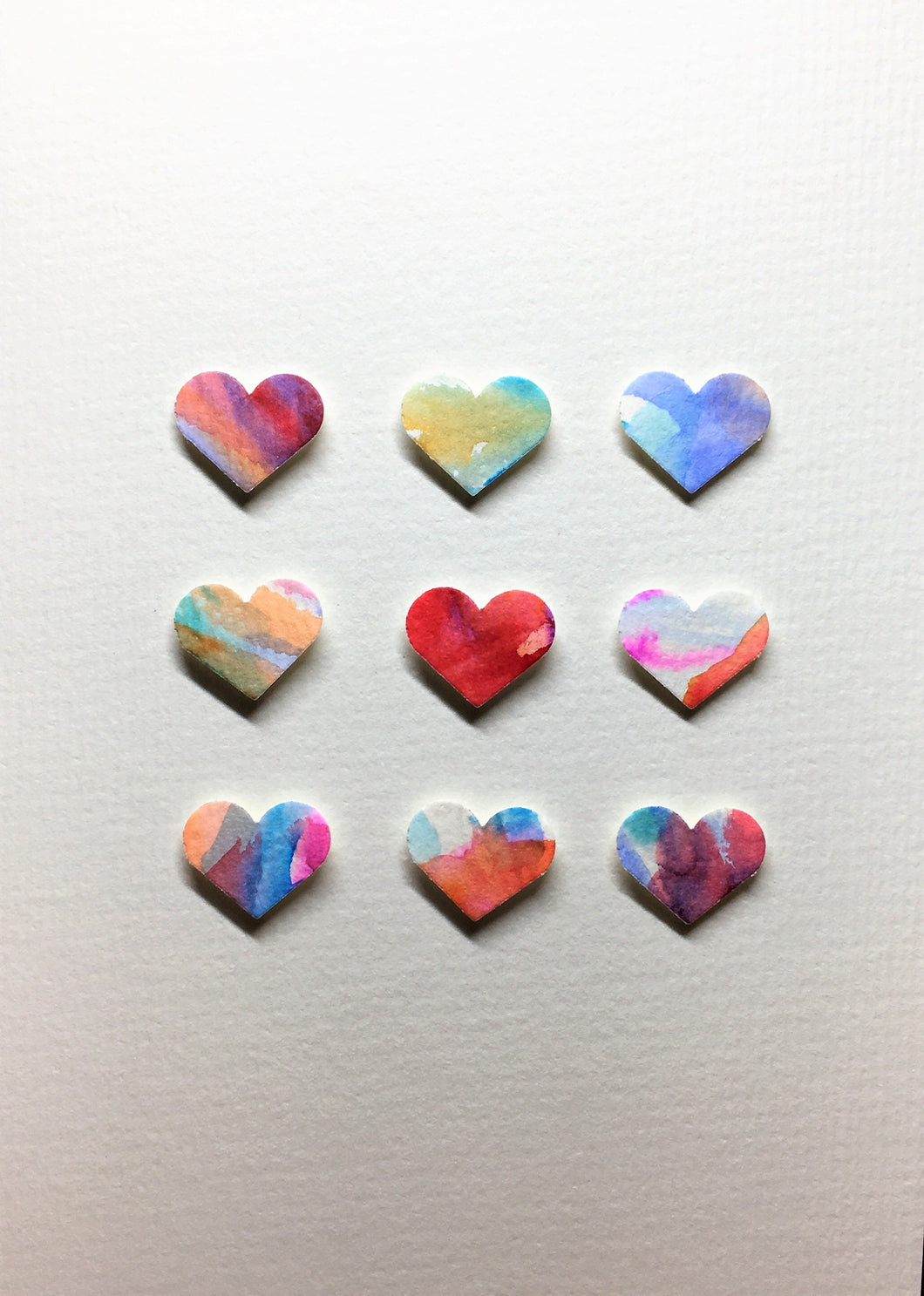 Hand-painted greeting card - Multicoloured hearts in square design - eDgE dEsiGn London