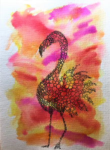 Hand-painted Greeting Card - Red, Orange, Yellow and Purple Abstract Circle Flamingo Design - eDgE dEsiGn London