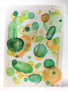 Original Hand Painted Greeting Card - Abstract Green, Orange, Yellow and Gold Circle Design - eDgE dEsiGn London