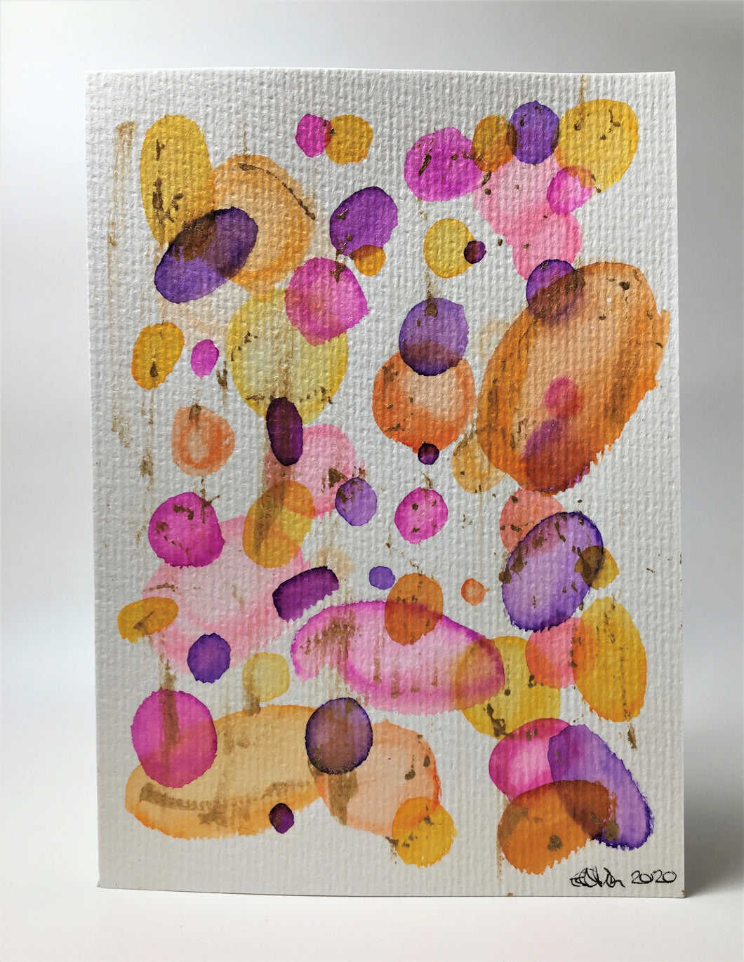 Original Hand Painted Greeting Card - Abstract Orange, Yellow, Pink and Gold Circle Design - eDgE dEsiGn London