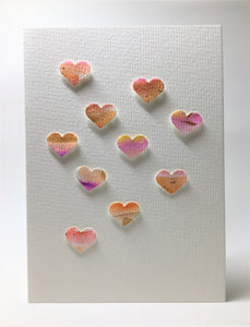 Hand-painted greeting card - Ten Pink, Orange and Gold Hearts Design - eDgE dEsiGn London